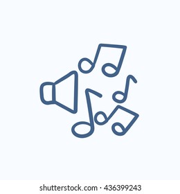 Altavoces con notas de música icono de esbozo vectorial aislado en el fondo. Hand dibujó altavoces con un icono de notas de música. Altavoces con notas musicales dibujan un icono para infografía, sitio web o aplicación.