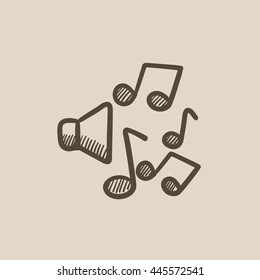 Loudspeakers with music notes vector sketch icon isolated on background. Hand drawn Loudspeakers with music notes icon. Loudspeakers with music notes sketch icon for infographic, website or app.