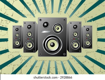 Loudspeakers over green striped abstract pattern