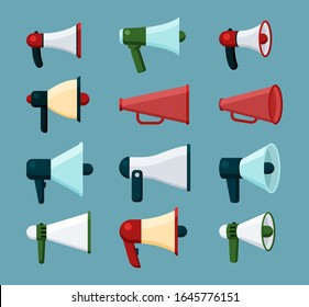 loudspeakers. promotion advertizing elements megaphones collection announcing public horns propaganda. vector collection