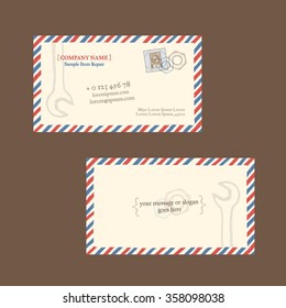 Loudspeakers repair. Business card vector template, styled as a vintage envelope with postage stamp. Hand drawn, pen ink. Also suitable for flyer, banner, advertisement, promotion