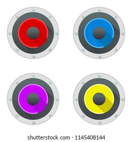 Loudspeakers set. Music. Vector illustrator. White background. EPS 10. Red, blue, yellow and purpura color loudspeakers.