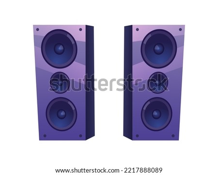 Loudspeakers for stage or concert, isolated apparatus for amplifying music waves. System for listening to sounds and compositions. Vector in flat cartoon style