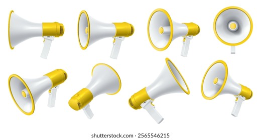 Loudspeakers with yellow decor realistic vector illustration set. Megaphones announcing commercial event 3d models on white background