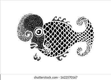 Louhan Fish Vector Illustration. beautiful lou han fish, Hand drawing flowerhorn fish. EPS. silhouette isolate on white background