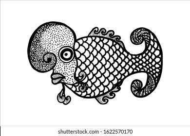 Louhan Fish Vector Illustration. beautiful lou han fish, Hand drawing flowerhorn fish. EPS. isolate on white background