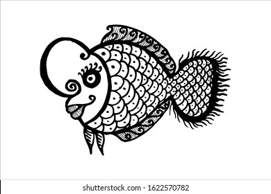 Louhan Fish Vector Illustration. beautiful lou han fish, Hand drawing flowerhorn fish. EPS. isolate on white background