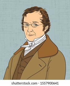 Louis Joseph Gay-Lussac isolated cartoon portrait, vector.
French chemist and physicist.