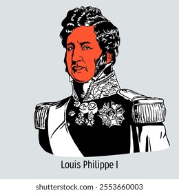 Louis Philippe I — King of the French, representative of the 4th House of Orleans — a junior branch of the Bourbon dynasty. Hand-drawn vector illustration