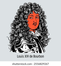 Louis XIV de Bourbon was the King of France and Navarre from 1643 to 1715. Hand drawn vector illustration