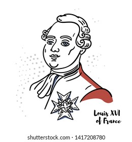 Louis XVI of France flat colored vector portrait with black contours. The last King of France before the fall of the monarchy during the French Revolution.