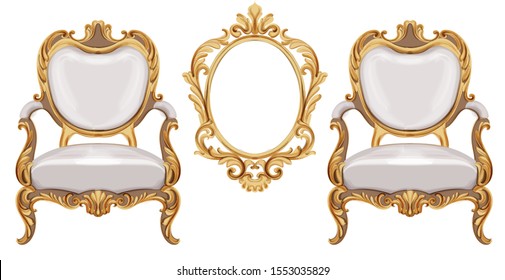 Louis XVI style chairs and mirror with golden neoclassic ornaments. Vector