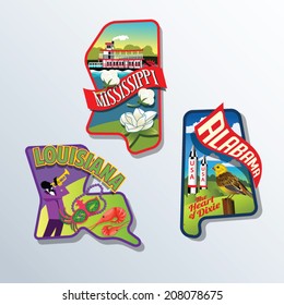  Louisiana, Alabama, Mississippi, United States vector illustrations