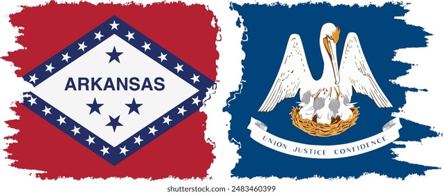 Louisiana and Arkansas states grunge brush flags connection, vector