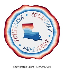 Louisiana badge. Map of the US state with beautiful geometric waves and a vibrant red and blue frame. Vivid round Louisiana logo. Vector illustration.