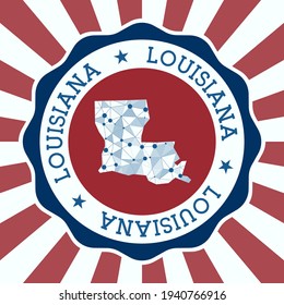 Louisiana Badge. Round logo of US state with triangular mesh map and radial rays. EPS10 Vector.