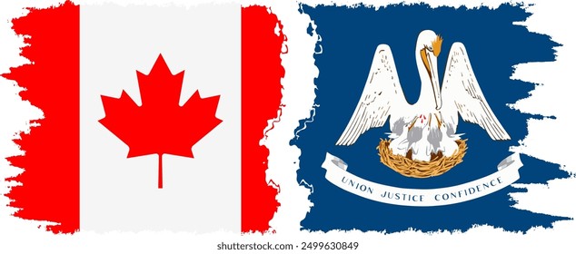 Louisiana and Canada grunge brush flags connection, vector