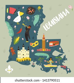 Louisiana Cartoon map with landmarks and symbols. For banners, books, prints, travel guides