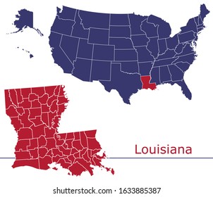 Louisiana counties vector map with USA map colors national flag