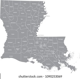 Louisiana county map vector outline in gray background. Louisiana state of USA map with counties names labeled