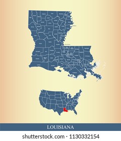 Louisiana county map vector outline with counties names labeled and USA map in blue background