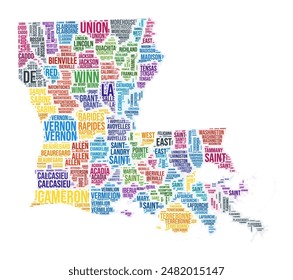 Louisiana county word cloud. State shape design. Louisiana colored illustration. County names collage cloud. Vector illustration.