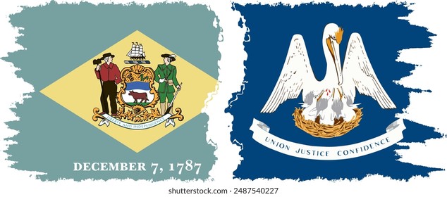 Louisiana and Delaware states grunge brush flags connection, vector