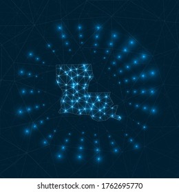 Louisiana digital map. Glowing rays radiating from the US state. Network connections and telecommunication design. Vector illustration.