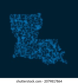 Louisiana salpicó un mapa brillante. Forma del estado de ee.uu. con bombillas brillantes azules. Ilustración vectorial.
