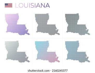 Louisiana dotted map set. Map of Louisiana in dotted style. Borders of the US state filled with beautiful smooth gradient circles. Captivating vector illustration.