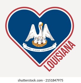 Louisiana heart flag badge. Made with Love from Louisiana logo. Flag of the US state in a heart shape. Vector illustration.