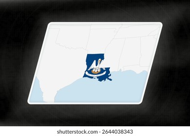 Louisiana Highlighted in Flag Colors on Geographic Map. Modern Map on a dark abstract backdrop.