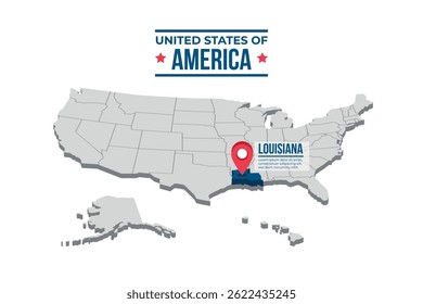 Louisiana Highlighted On A 3D Isometric Map Of The United States Of America
