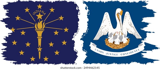 Louisiana and Indiana states grunge brush flags connection, vector