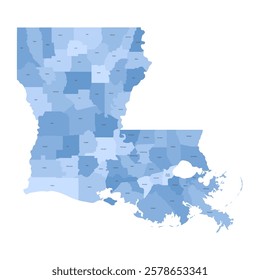 Louisiana, LA - detailed political map of US state. Administrative map divided into counties. Blue map with county name labels. Vector illustration