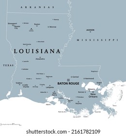 Louisiana, LA, gray political map with capital Baton Rouge and metropolitan area New Orleans. State in Deep South and South Central regions of United States, nicknamed Pelican, Bayou and Creole State.