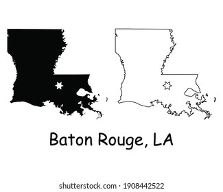 Louisiana LA state Map USA with Capital City Star at Baton Rouge. Black silhouette and outline isolated on a white background. EPS Vector