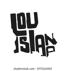 Louisiana lettering vector illustration. Isolated black and white state logo. Logotype country print. Decoration poster with drawing letters. Abstract national banner. Usa cartography design map.