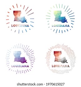 Louisiana low poly sunburst set. Logo of US state in geometric polygonal style. Vector illustration.