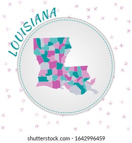 Louisiana map design. Map of the US state with regions in emerald-amethyst color palette. Rounded travel poster with US state name and airplanes background. Trendy vector illustration.