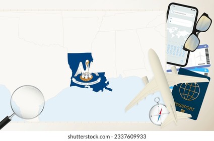 Louisiana map and flag, cargo plane on the detailed map of Louisiana with flag, passport, magnifying glass and airplane. Vector template.