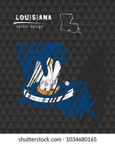 Louisiana map with flag inside on the black background. Chalk sketch vector illustration