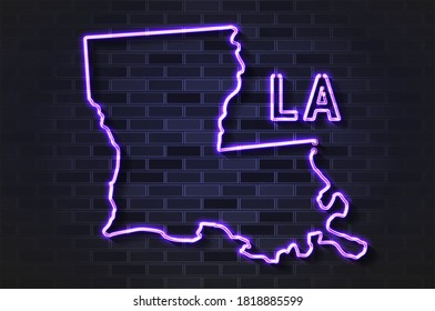 Louisiana map glowing neon lamp or glass tube. Realistic vector illustration. Black brick wall, soft shadow.