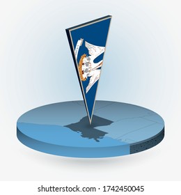 Louisiana map in round isometric style with triangular 3D flag of US State Louisiana, vector map in blue color.
