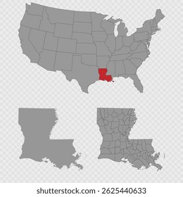 Louisiana map set with USA location, clean outline, and full county breakdown.