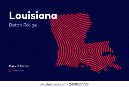 Louisiana Map in Spiral Formation: Louisiana Takes Center Stage. Fingerprint and stripes pattern. American states maps.