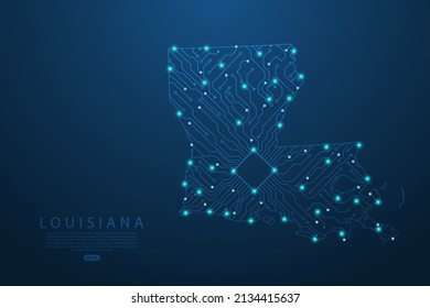 Louisiana Map - United States of America Map vector with Abstract futuristic circuit board. High-tech technology mash line and point scales on dark background - Vector illustration ep 10 