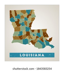 Louisiana map. Us state poster with regions. Old grunge texture. Shape of Louisiana with us state name. Modern vector illustration.