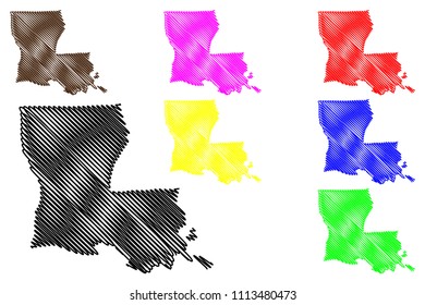 Louisiana map vector illustration, scribble sketch Louisiana map black, red, blue, green, yellow, purple