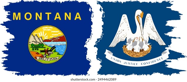 Louisiana and Montana states grunge brush flags connection, vector